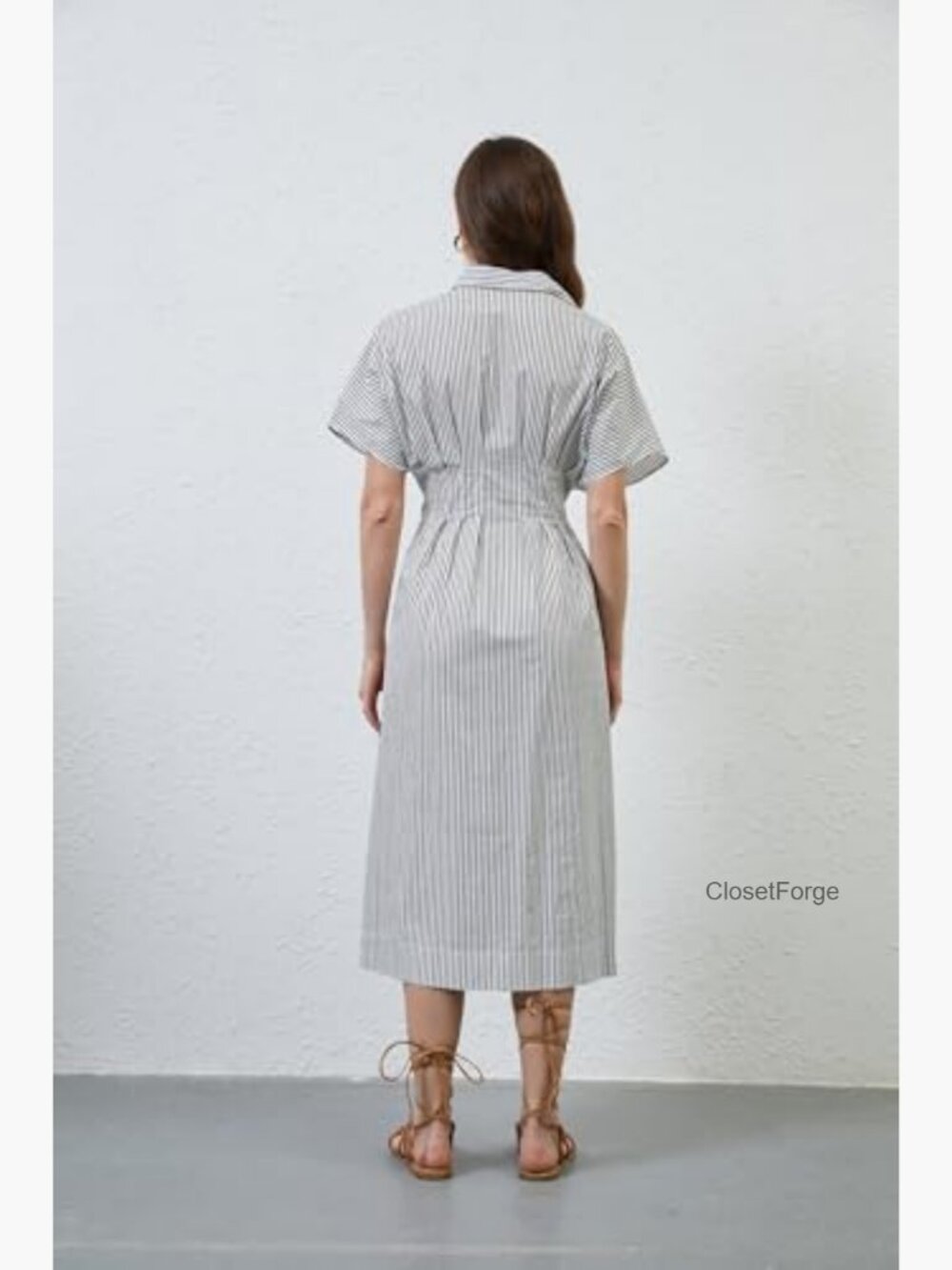 Striped Button Pleated Shirt Maxi Dress Summer Short Sleeve V-Neck Corset Long - Picture 7 of 7